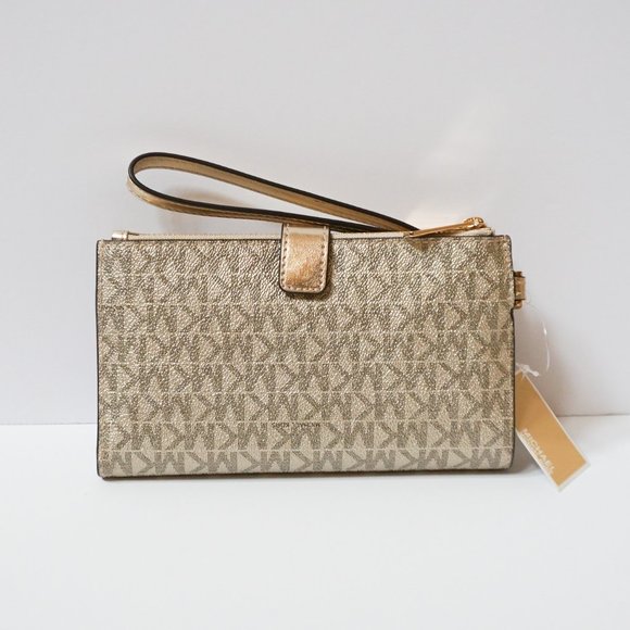 Michael Kors Jet Set Travel Double Zip PVC Leather Wristlet MK Pale Gold - Picture 3 of 7